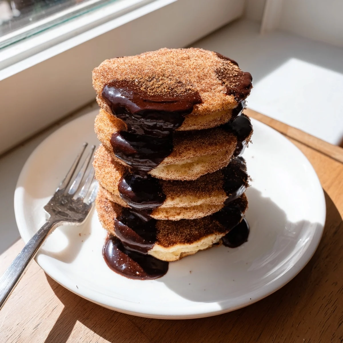 Golden Spanish churro pancakes stacked high with rich chocolate sauce drizzling down the sides