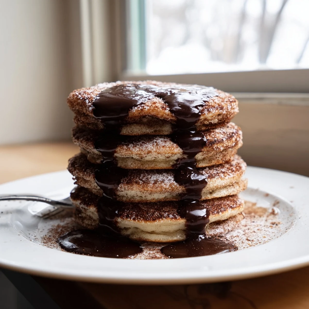 Fluffy Spanish churro pancakes coated in cinnamon sugar served warm for a sweet breakfast treat