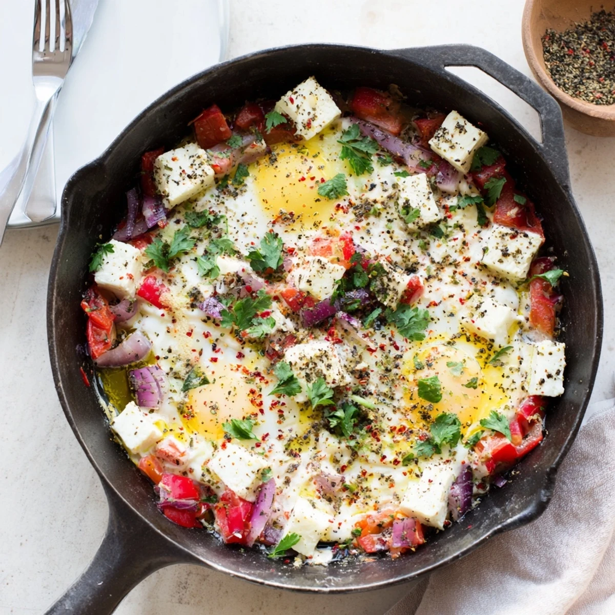 Golden baked feta eggs with runny yolks nestled in creamy cheese and roasted vegetables