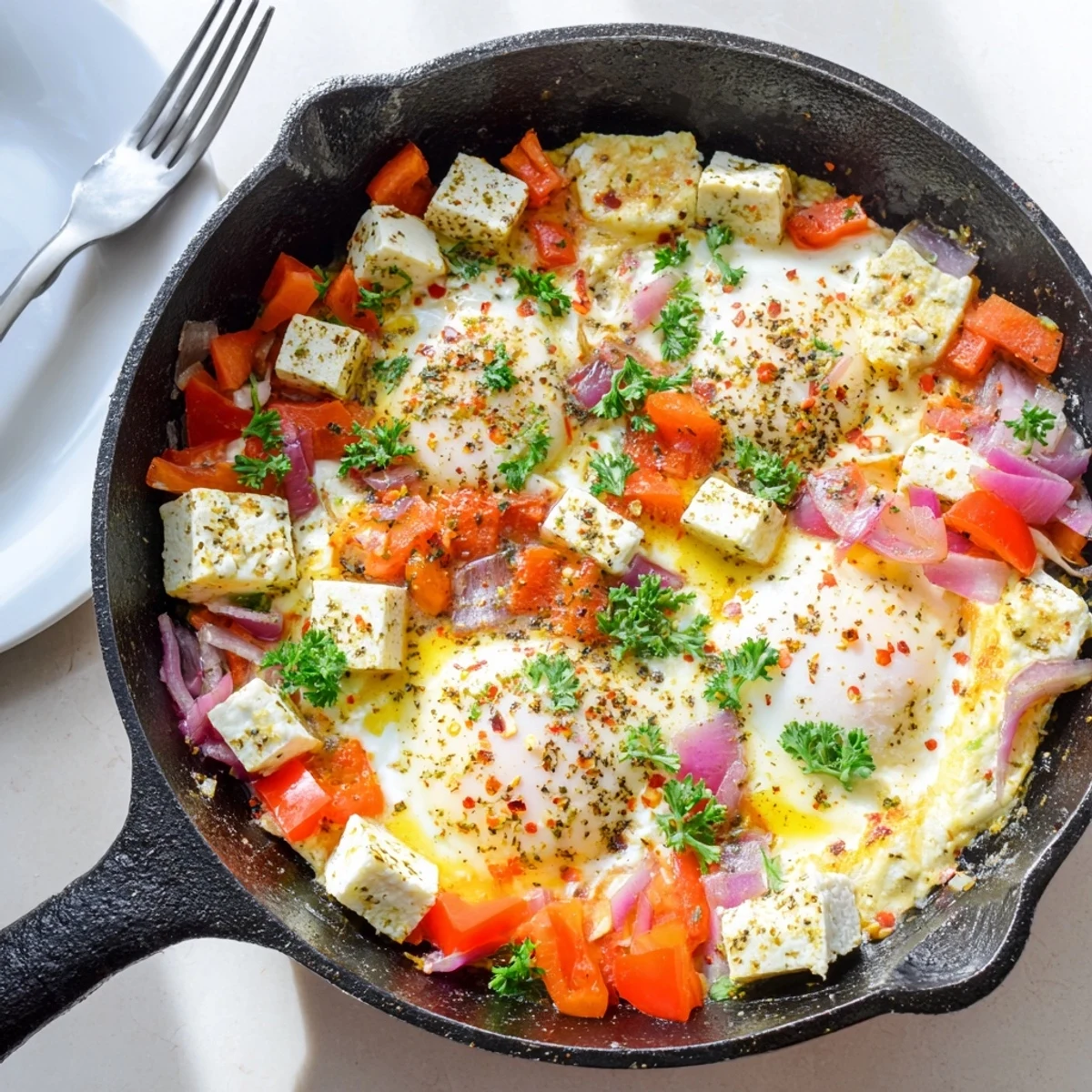 Creamy baked feta eggs in a cast iron skillet topped with fresh parsley garnish
