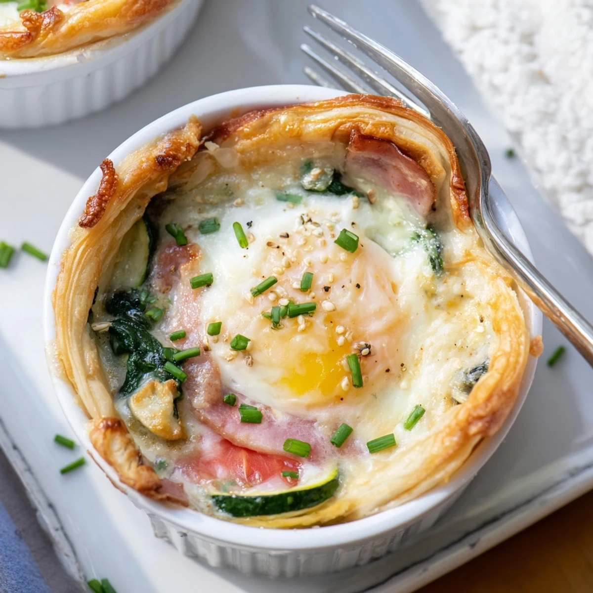 Golden baked eggs Napoleon with runny yolks atop layers of ham, spinach, and creamy Gruyère sauce