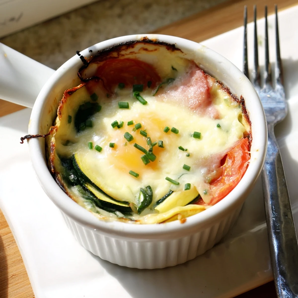 Creamy baked eggs Napoleon served in ramekins with wilted spinach, ham, and golden cheese sauce