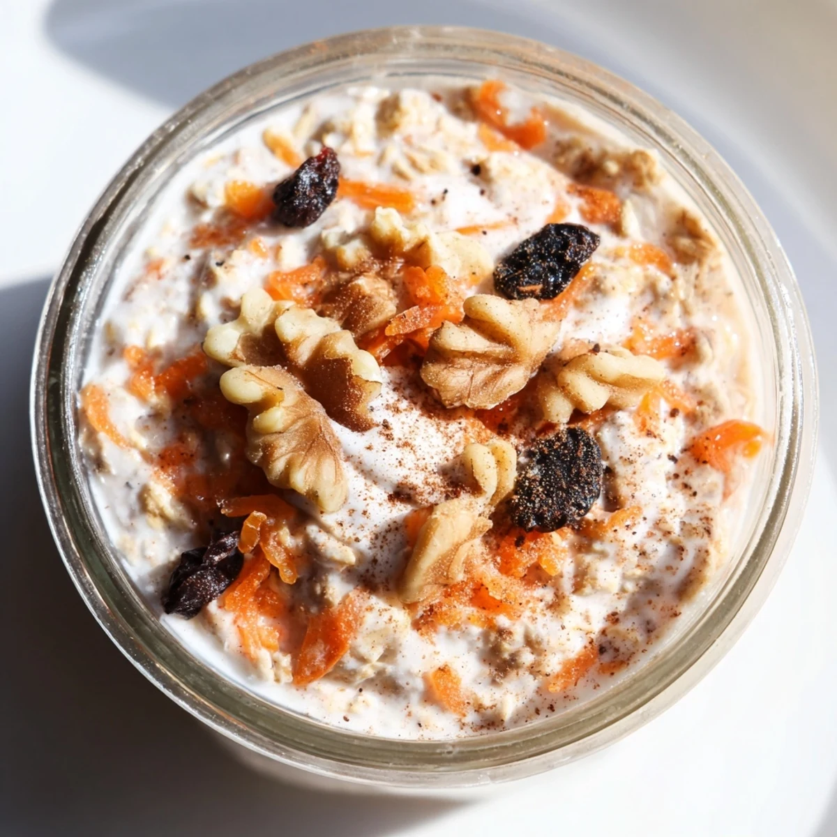 Creamy carrot cake overnight oats topped with crunchy walnuts in a glass jar