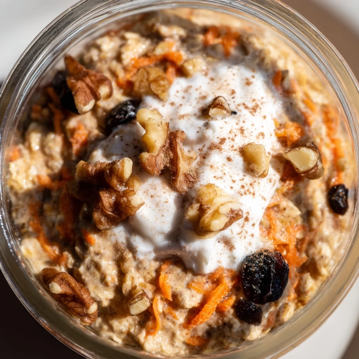 Carrot cake overnight oats swirled with grated carrots and raisins in bowl