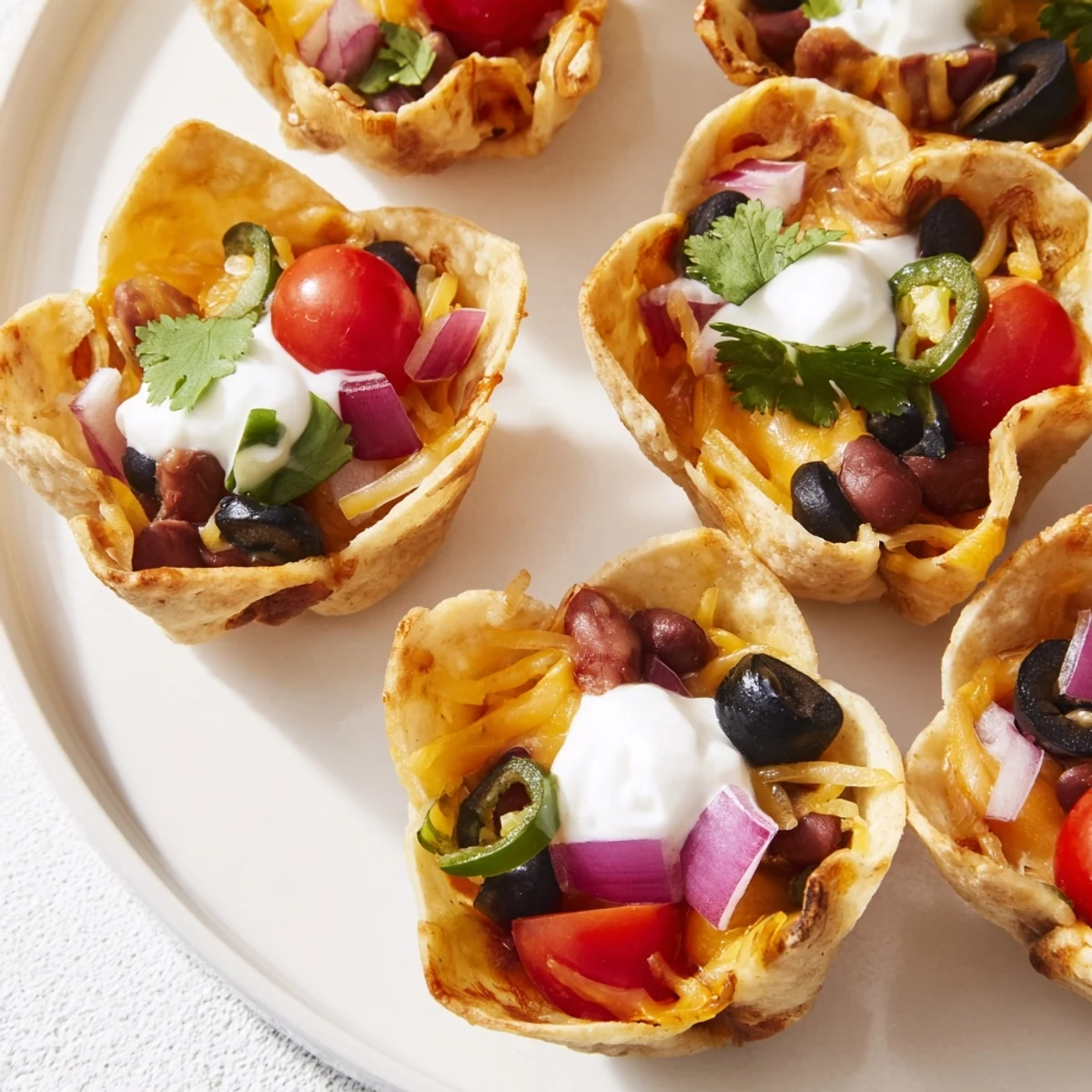 Golden cheesy nacho cups with melted cheddar and colorful toppings ready for serving
