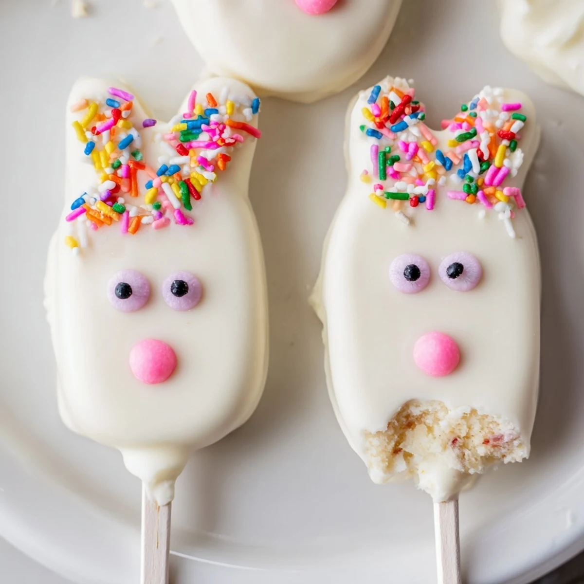 Creamy white chocolate bunny cakesicles decorated with sprinkles for festive Easter treats