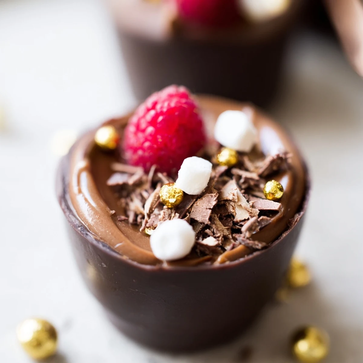 Chocolate grazing cups filled with silky mousse and topped with fresh berries and nuts