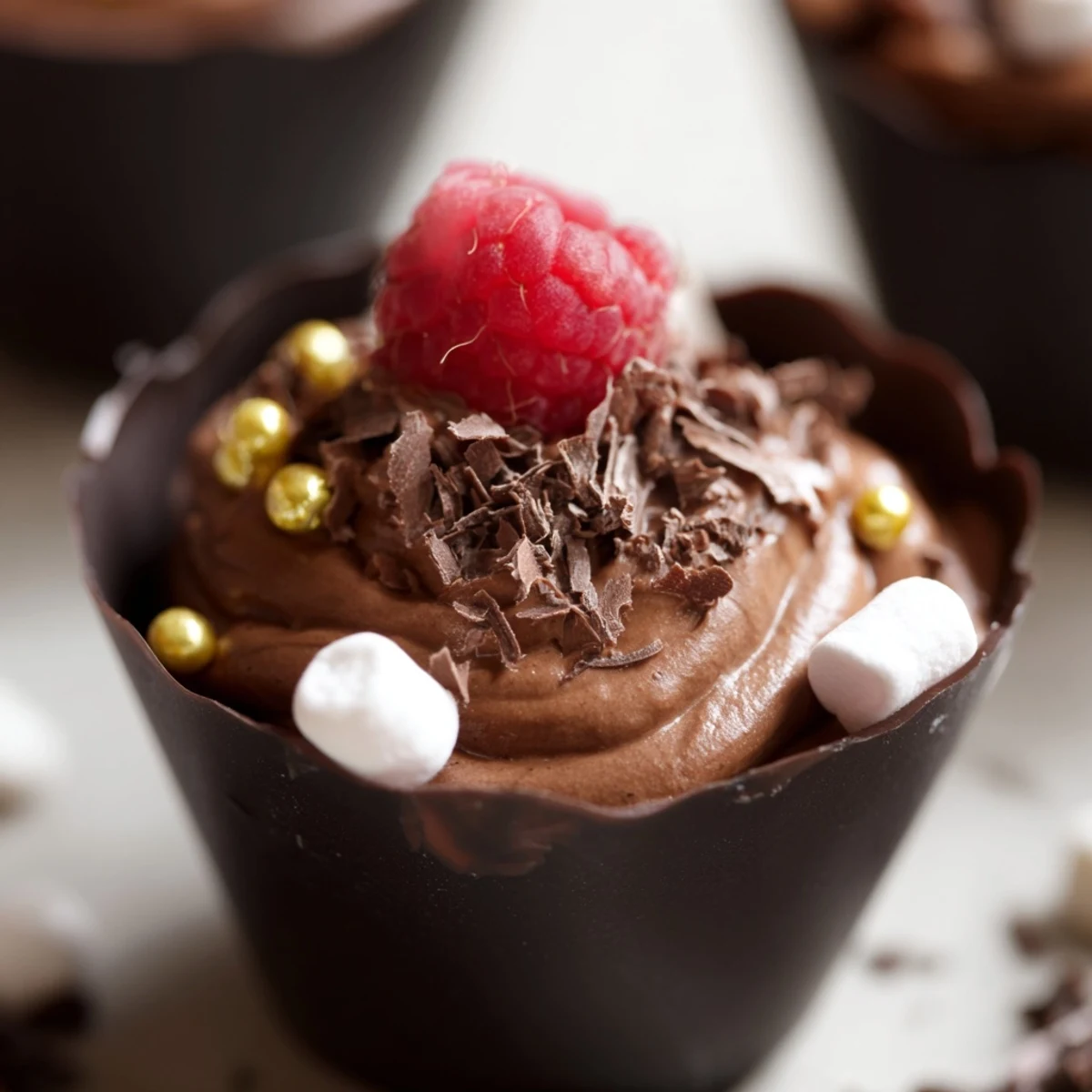 Elegant chocolate grazing cups showcasing layers of airy mousse and vibrant mixed berries