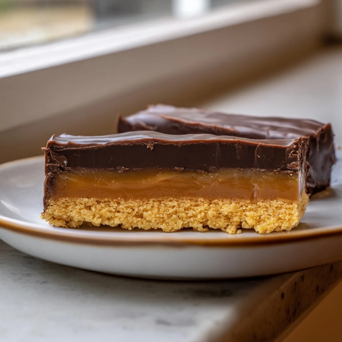 Homemade Healthy Twix Bars sliced to reveal nutty crust and sticky date caramel filling