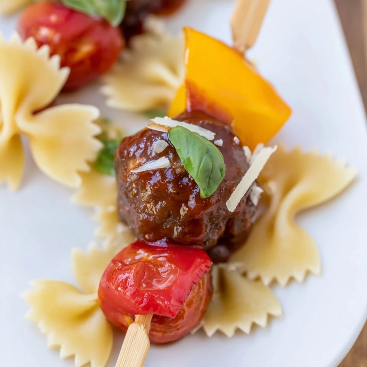 Golden bowtie pasta and cocktail meatball skewers drizzled with glossy sauce on a platter
