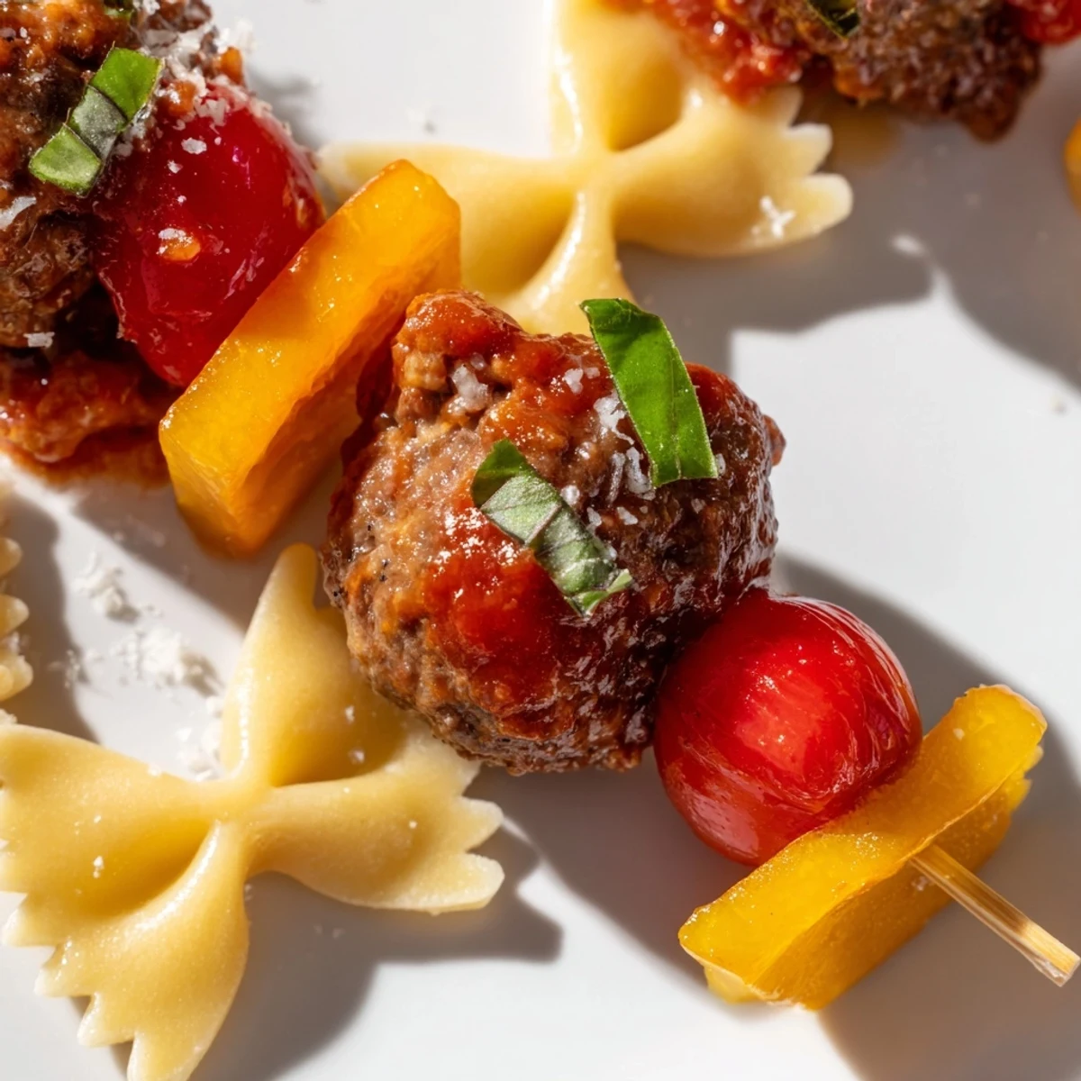 Colorful bowtie pasta and cocktail meatball skewers with red peppers and fresh basil garnish