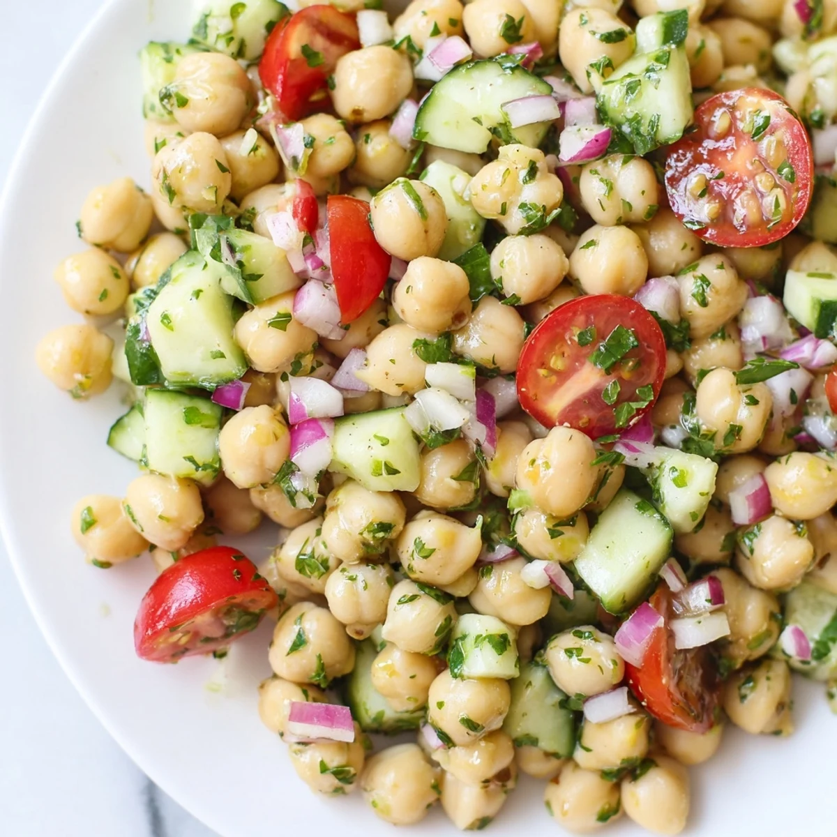 Chickpea cucumber salad in a white bowl with fresh herbs and lemon dressing