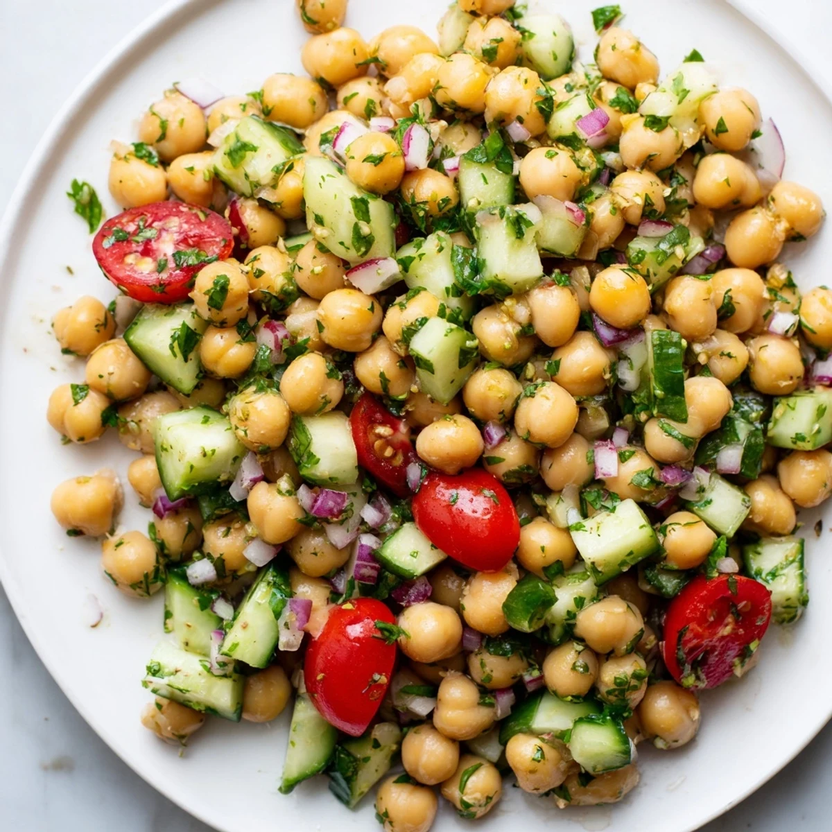 Crisp chickpea cucumber salad featuring ripe tomatoes and bright Mediterranean seasonings