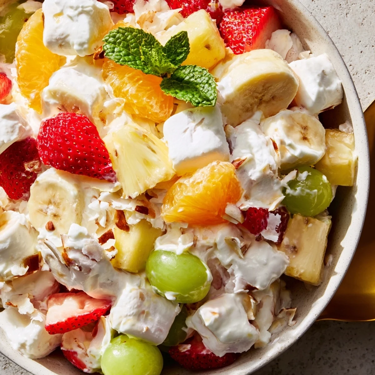Creamy Hawaiian Cheesecake Salad loaded with tropical pineapple, strawberries, and mandarin oranges
