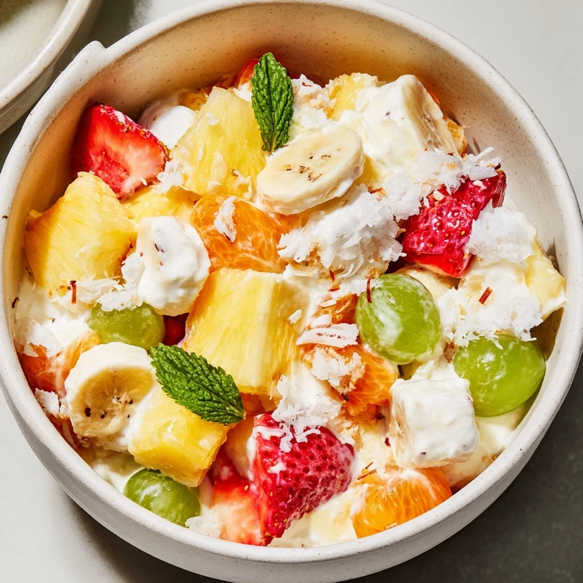 Hawaiian Cheesecake Salad served chilled in a bowl topped with toasted coconut