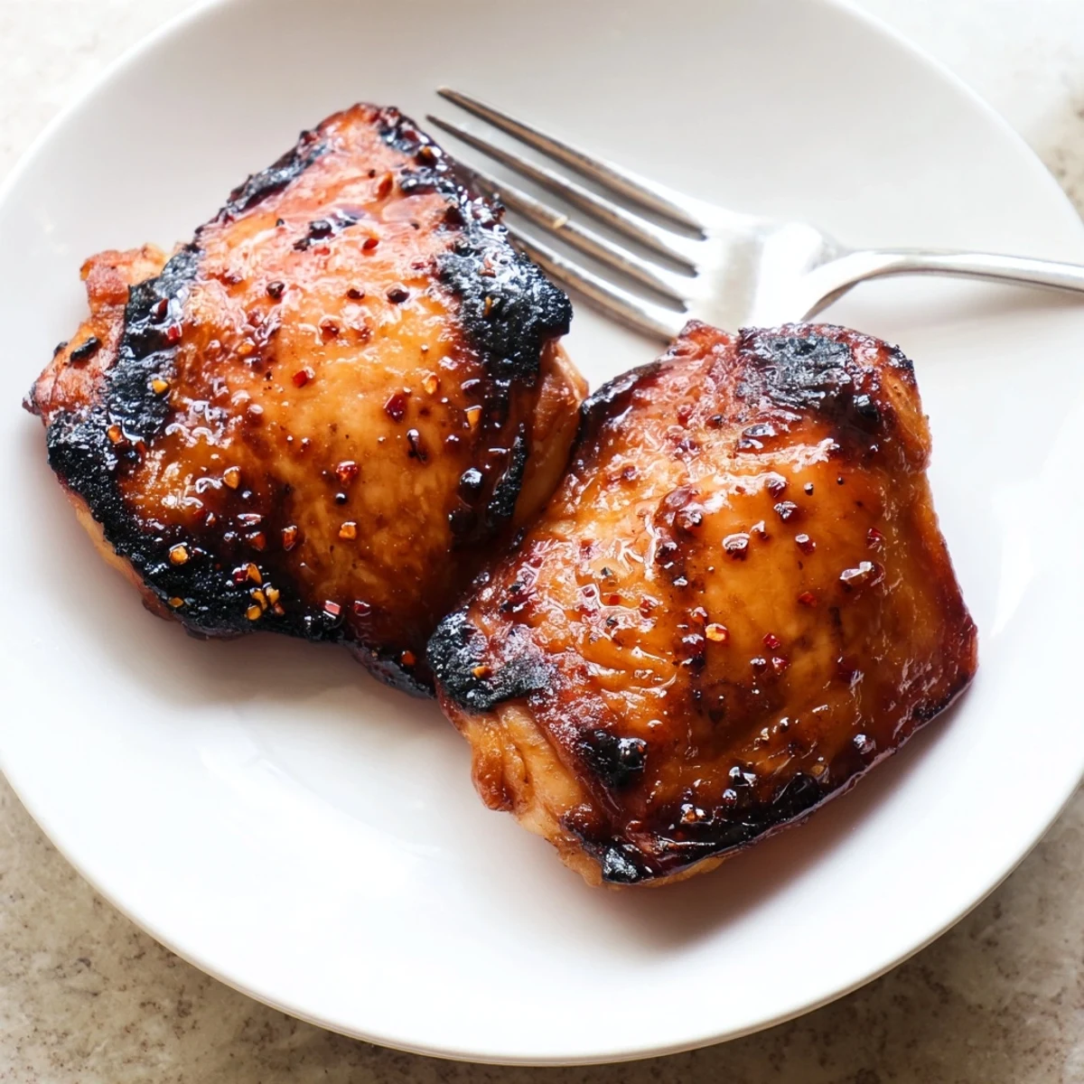 Juicy caramelized chicken thighs coated in killer chicken thigh marinade on a rustic plate