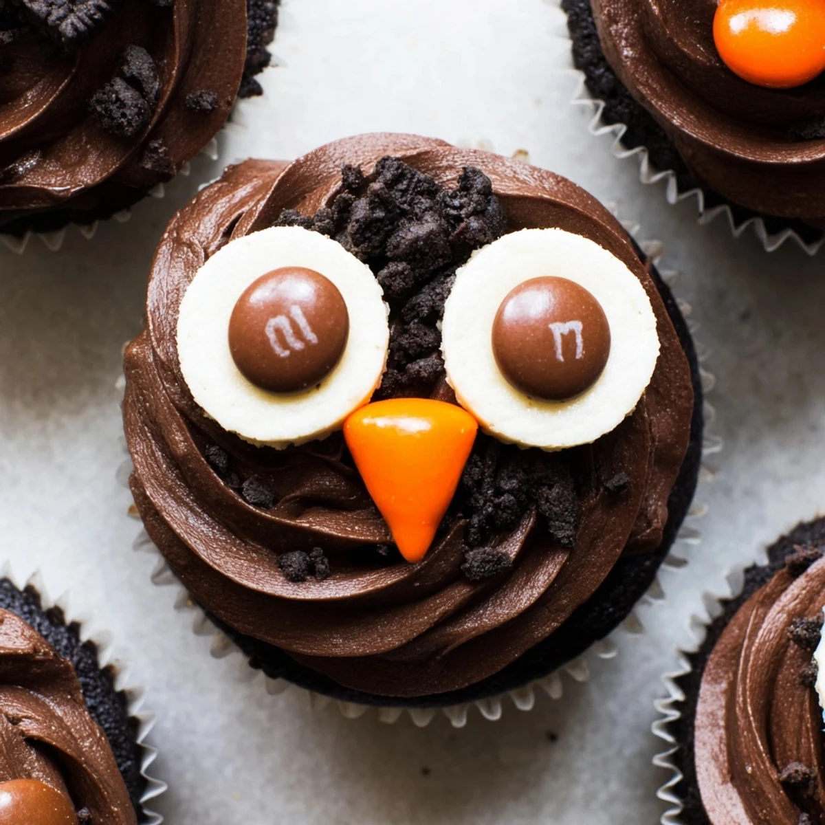 Cute Oreo Owl Cupcakes topped with creamy cookie eyes and orange beaks
