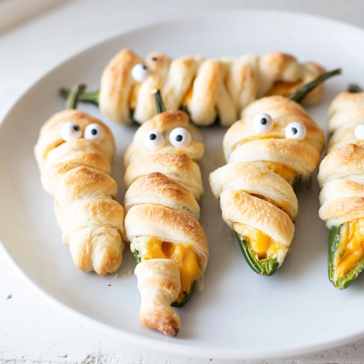 Mummy jalapeño poppers with gooey cheese filling peek through golden crispy crescent dough bandages
