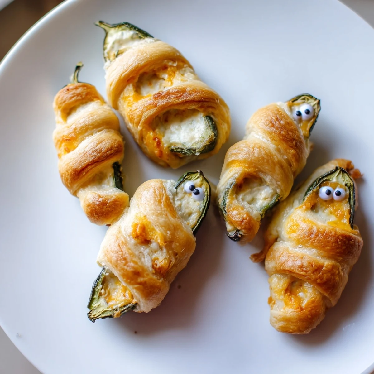 Spooky mummy jalapeño poppers topped with candy eyes sit on a rustic baking sheet