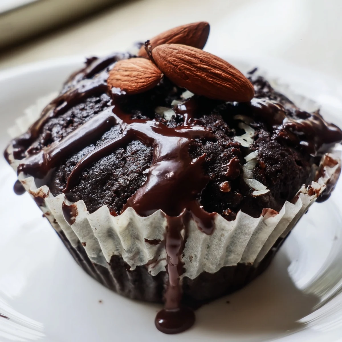 Fudgy Flourless Almond Joy Cupcakes featuring a sweet coconut center on a wire cooling rack