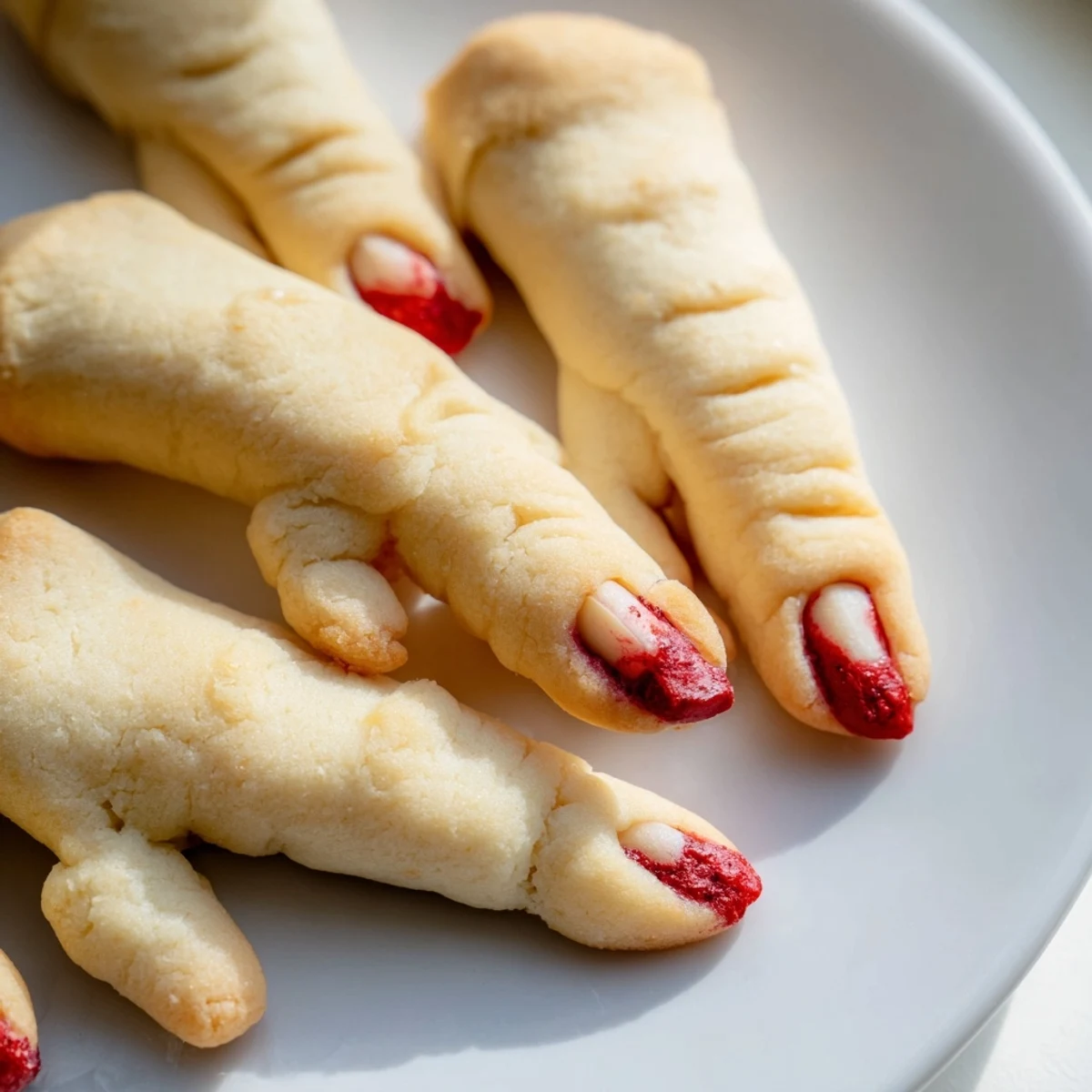 Creepy Witch Finger Cookies with bloody almond nails arranged on a rustic baking sheet