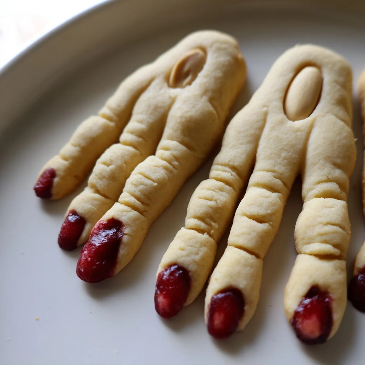 A plate of Creepy Witch Finger Cookies alongside a steaming mug of apple cider