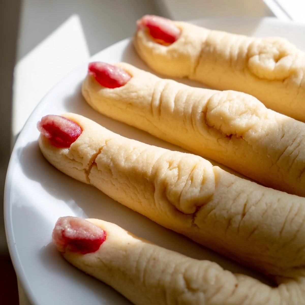 Golden-brown Creepy Witch Finger Cookies with red jam dripping from each almond fingernail