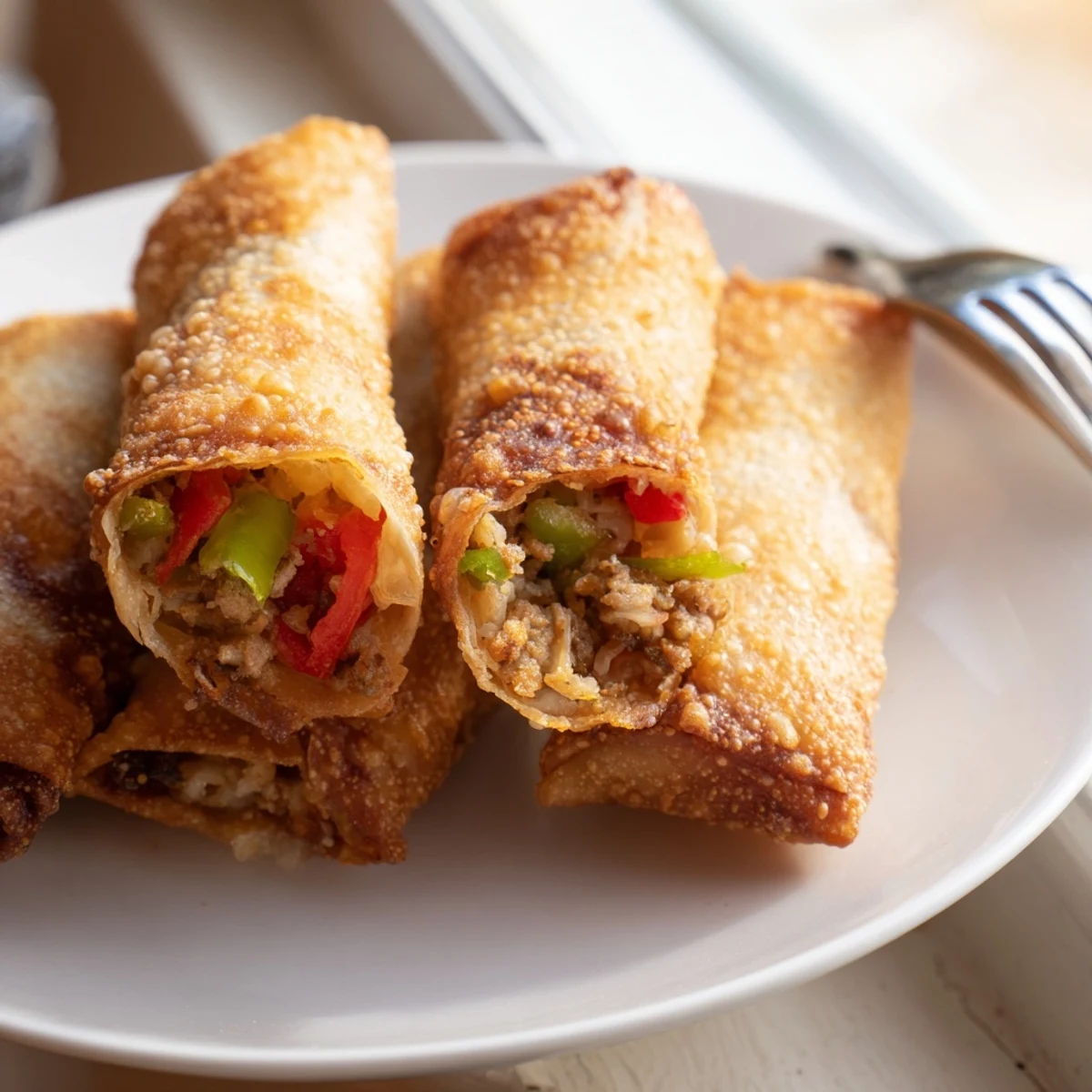 Golden crispy voodoo egg rolls served hot with spicy remoulade dipping sauce on a rustic plate