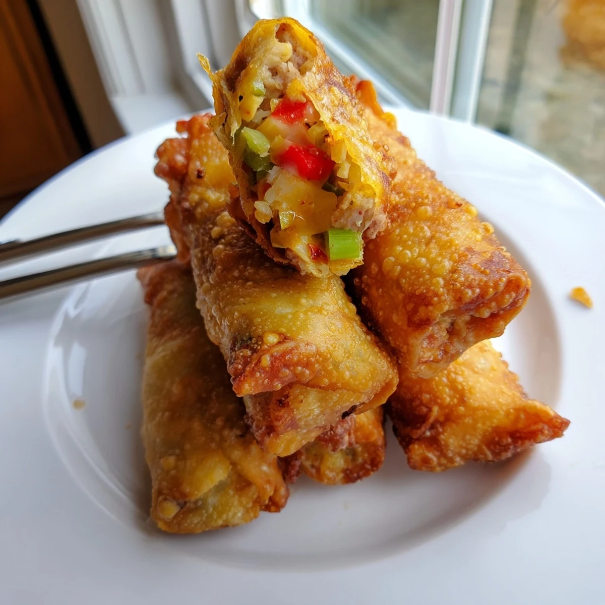 Crispy fried voodoo egg rolls filled with smoky andouille sausage peppers and melted cheddar cheese