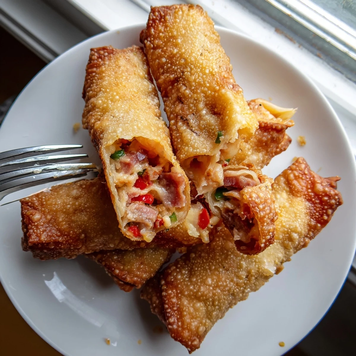 Close-up of crunchy voodoo egg rolls on a platter with bold Cajun dipping sauces nearby