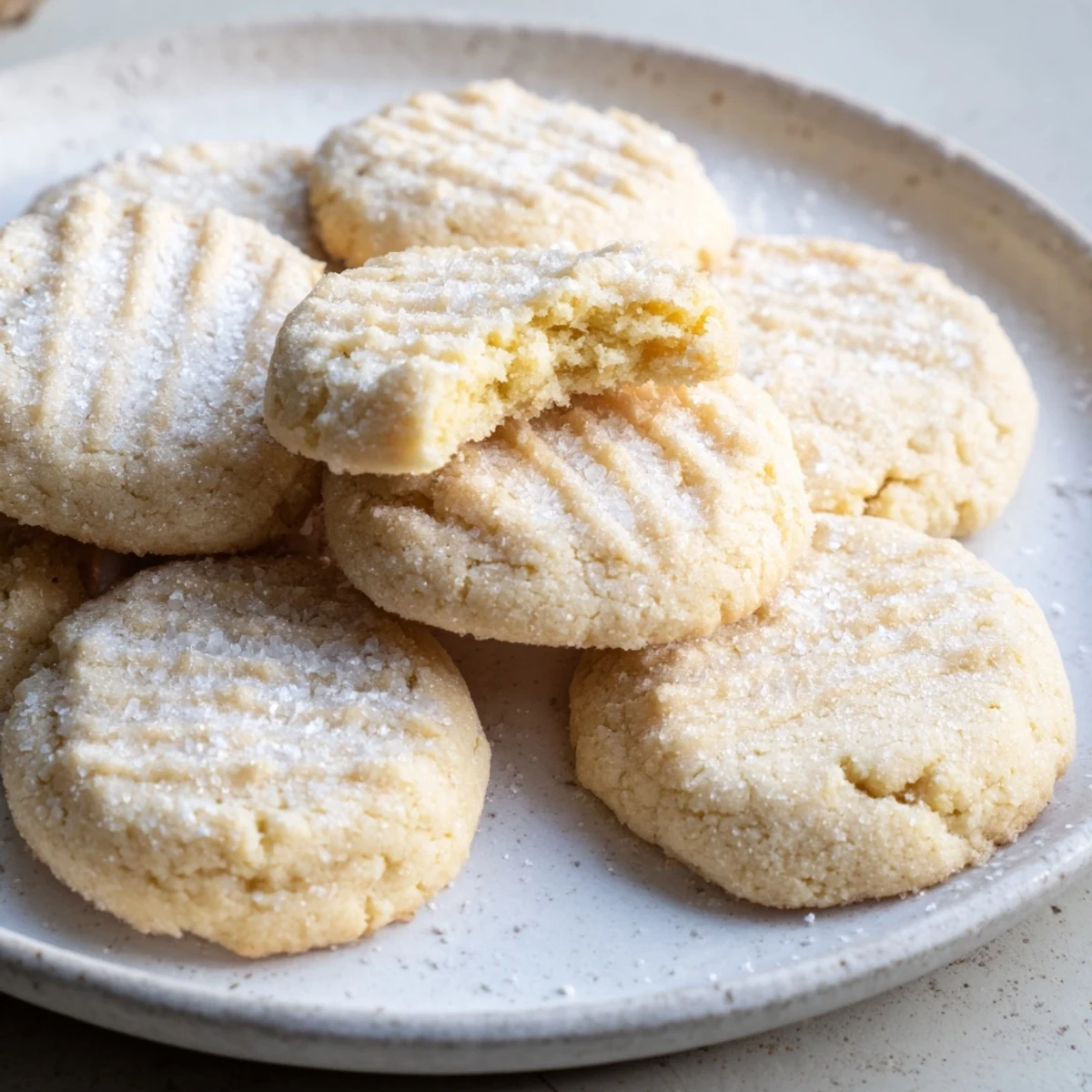 Golden Grandma's Secret Butter Cookies dusted with powdered sugar on a rustic wooden board