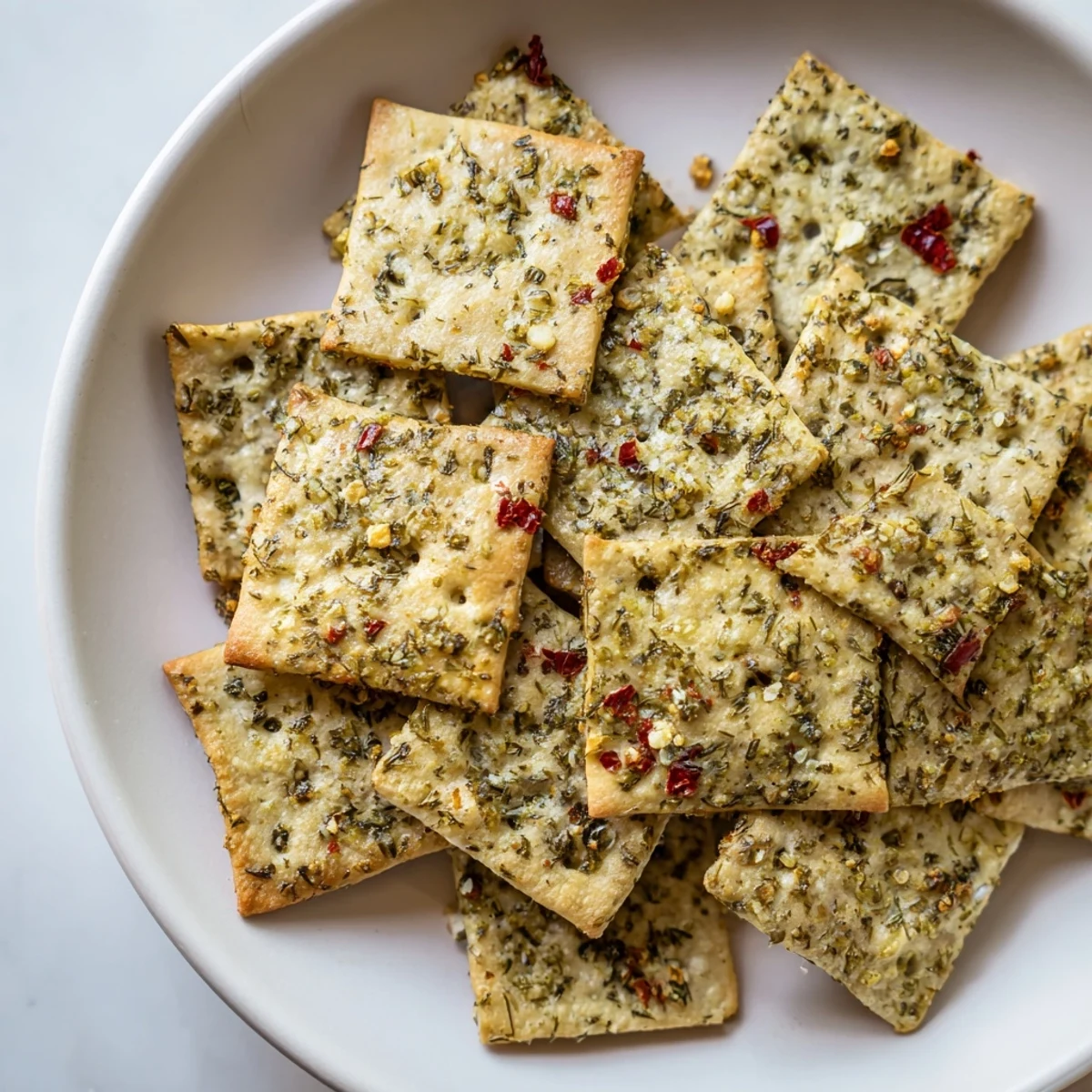 Golden dill pickle saltines arranged on parchment, brushed with herbed butter and baked crisp