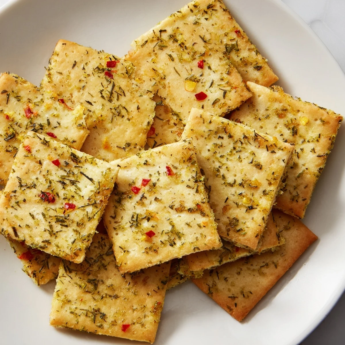 Crispy dill pickle saltines coated in tangy garlic herb butter on a baking sheet