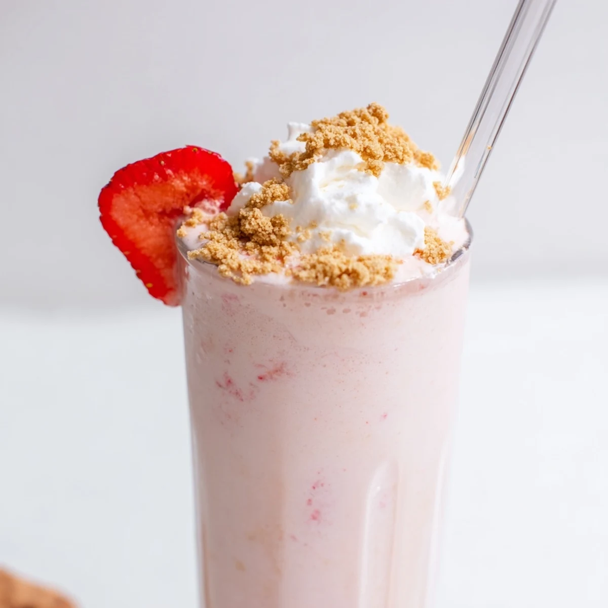Two tall glasses of creamy strawberry cheesecake milkshake garnished with fresh sliced strawberries