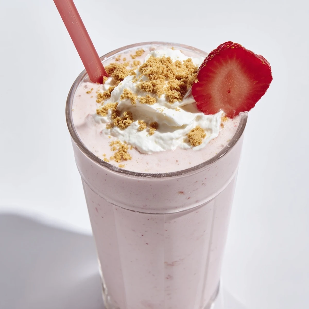 Blended strawberry cheesecake milkshake in a glass with a straw and crumb rim