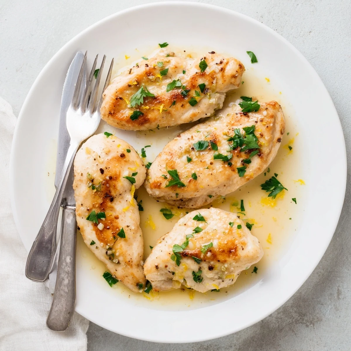Golden Lemon Garlic Butter Chicken draped in a shiny citrus pan sauce with fresh parsley