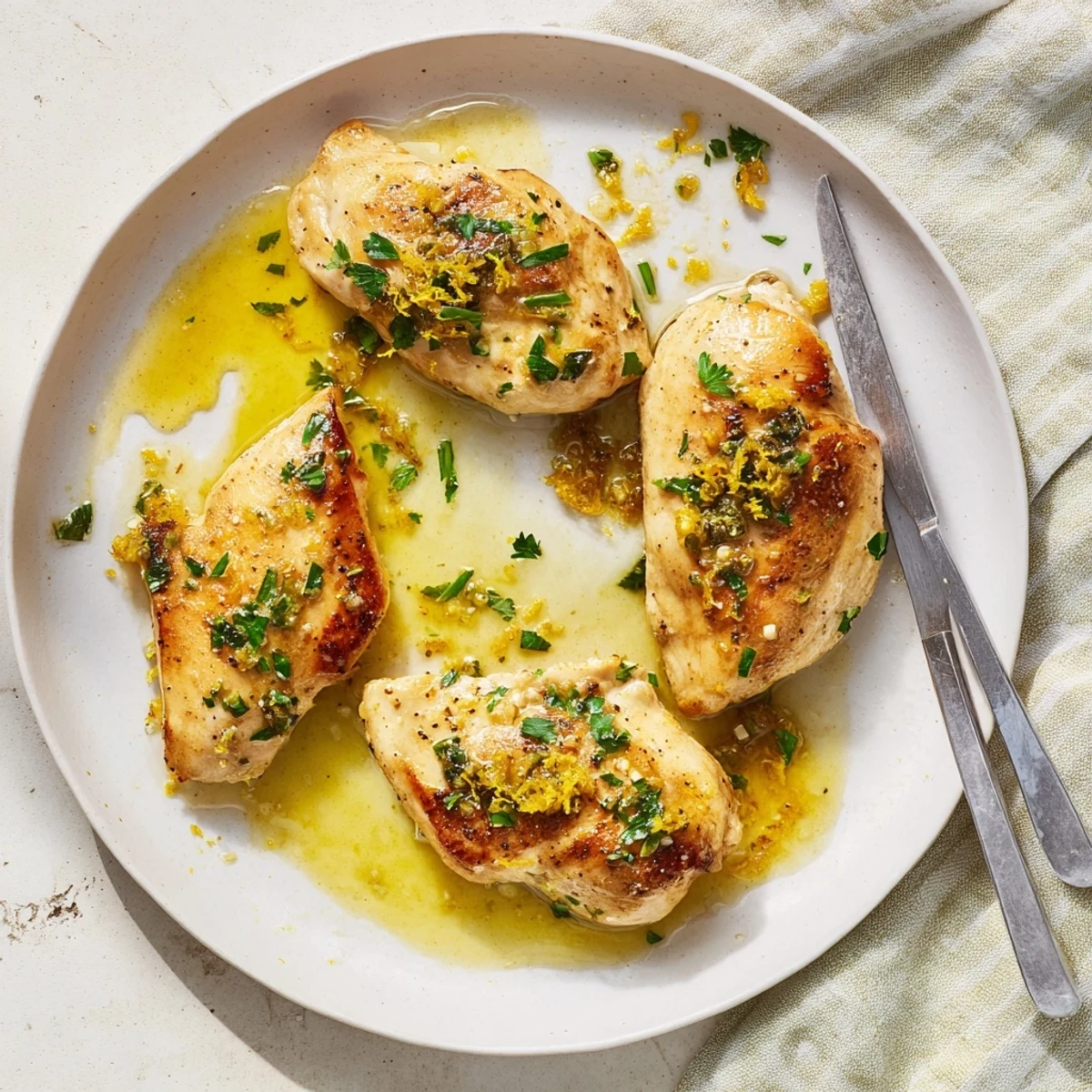 Skillet-seared Lemon Garlic Butter Chicken bathed in rich lemon garlic sauce over a white plate