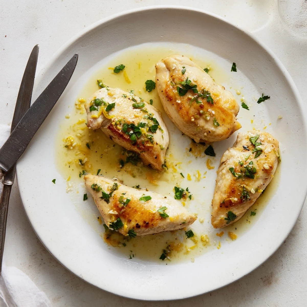 Crispy-edged Lemon Garlic Butter Chicken topped with bright parsley and pooled tangy butter sauce