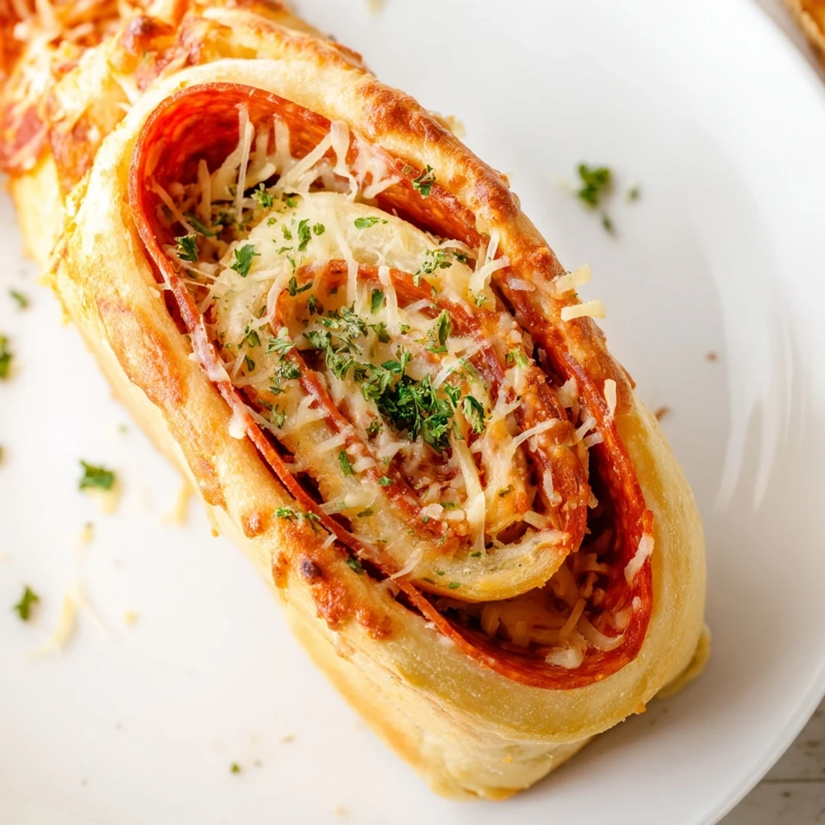 Golden pepperoni pizza roll breadsticks fresh from the oven with bubbling mozzarella