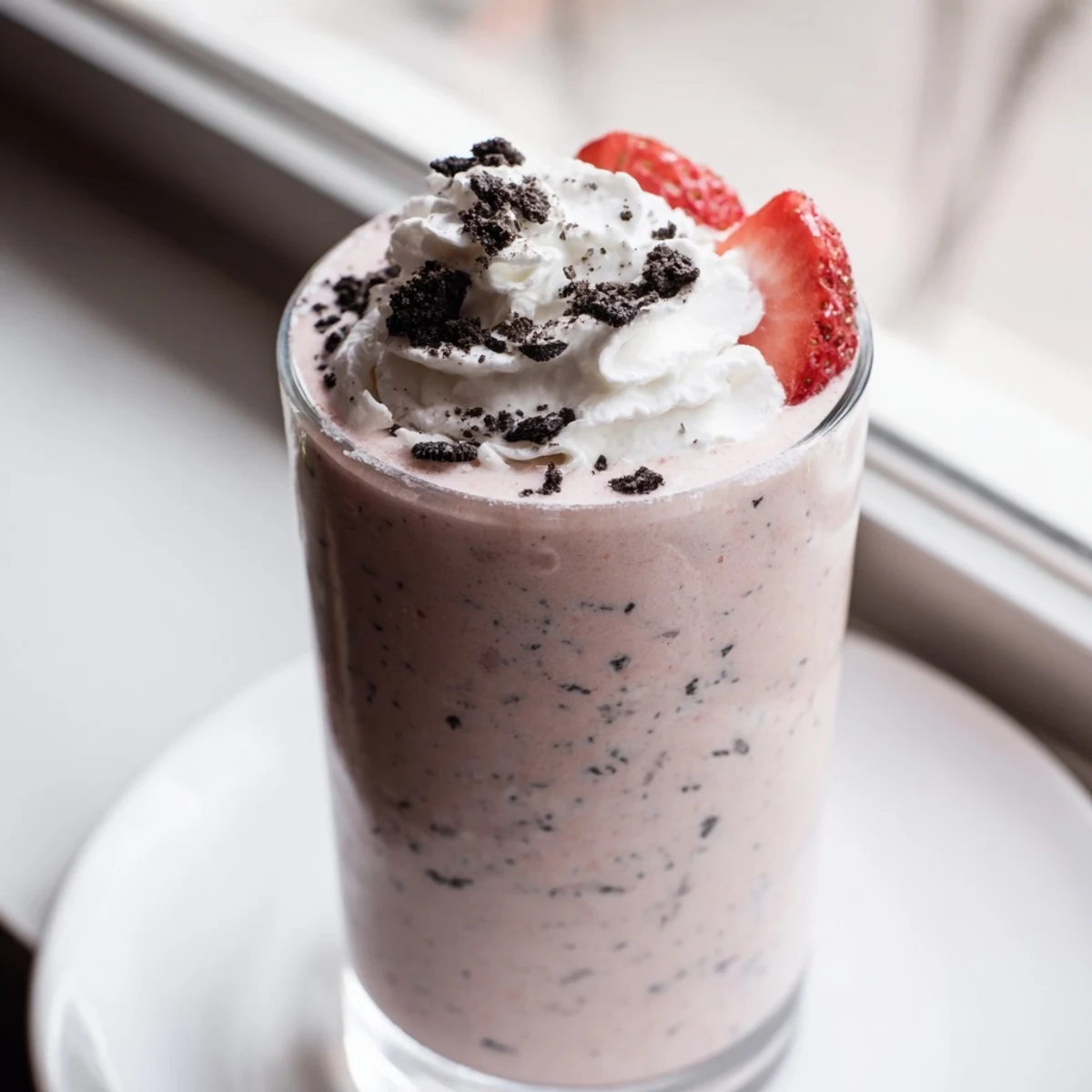 Creamy blended strawberry Oreo milkshake served in a chilled glass with fresh strawberries