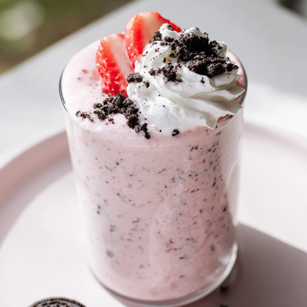 Rich pink strawberry Oreo milkshake garnished with crushed cookies and a strawberry slice