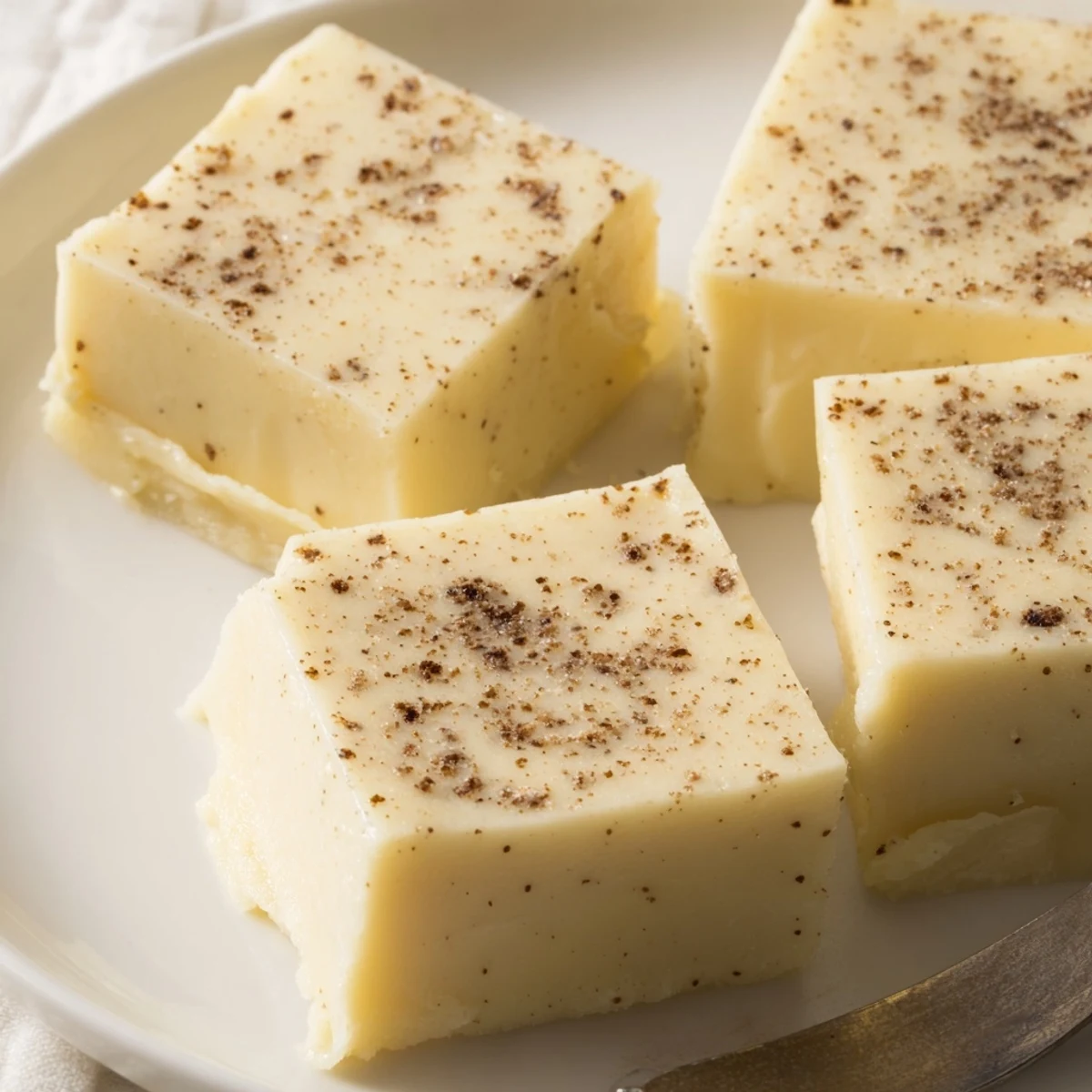 Creamy Eggnog Fudge squares dusted with fresh nutmeg, perfect holiday dessert.