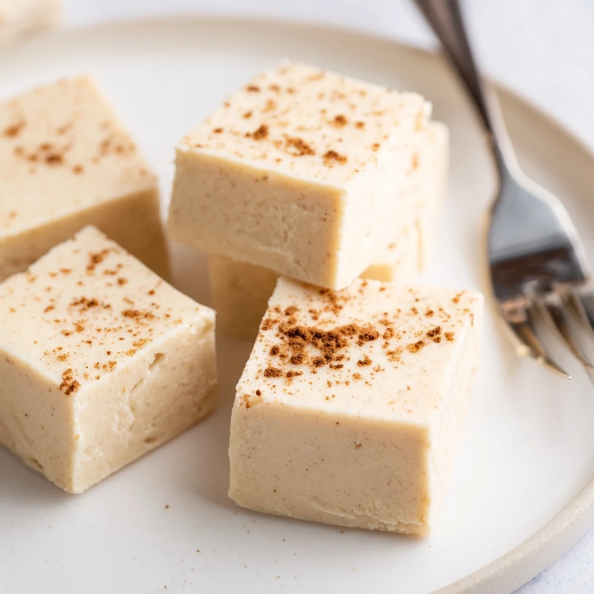 Rich Eggnog Fudge chilled on parchment, cut into bite-sized festive squares.