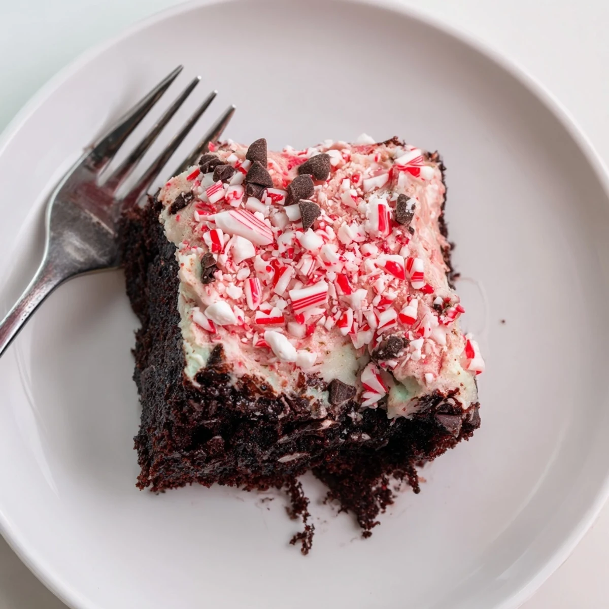 Sliced Peppermint Poke Cake showing pudding filling studded with crushed peppermint