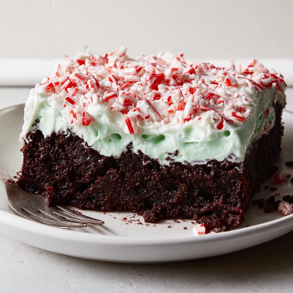 Homestyle Peppermint Poke Cake chilled in pan, minty aroma, perfect for holiday