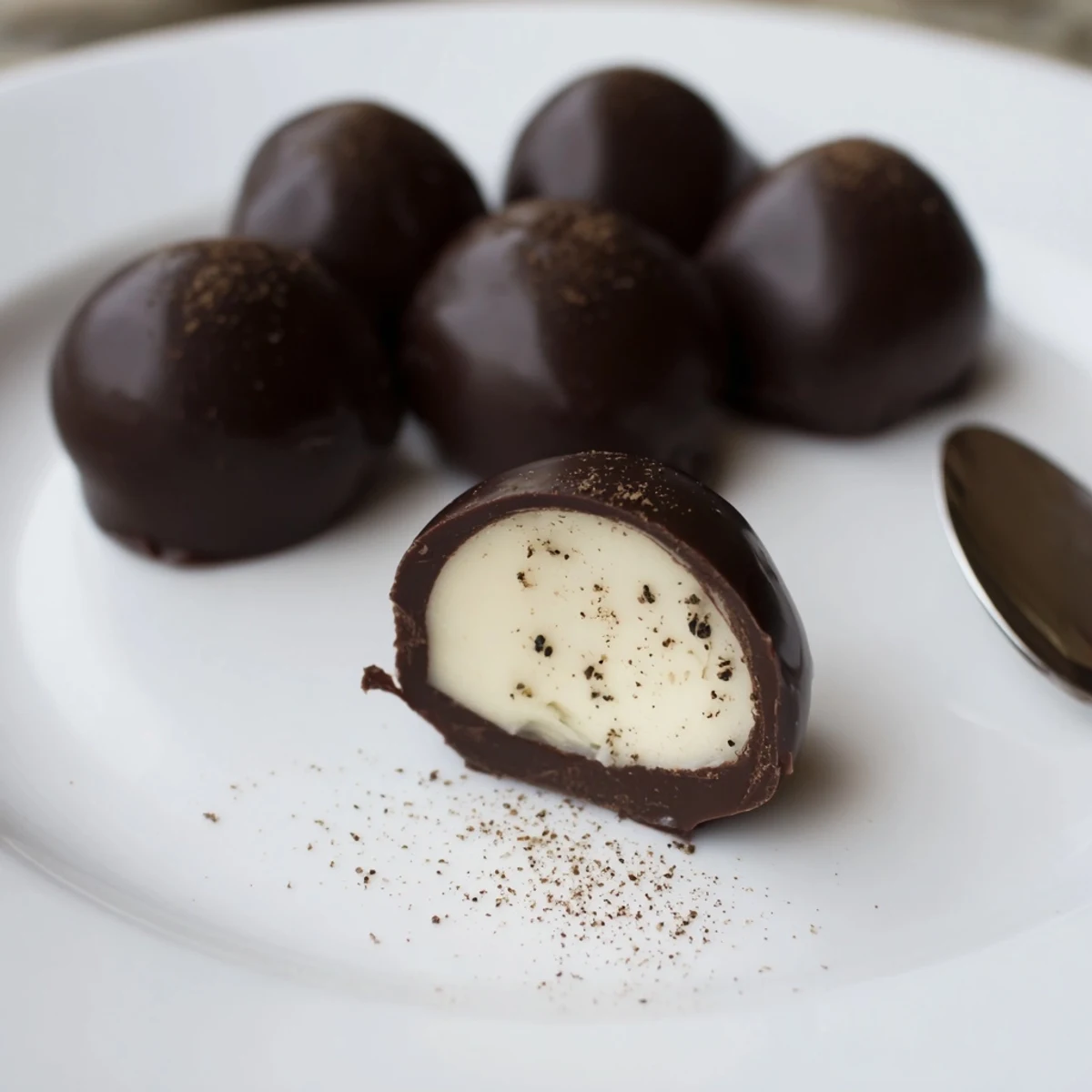 Dark Chocolate Eggnog Truffles glistening with glossy shells, dusted nutmeg, holiday platter