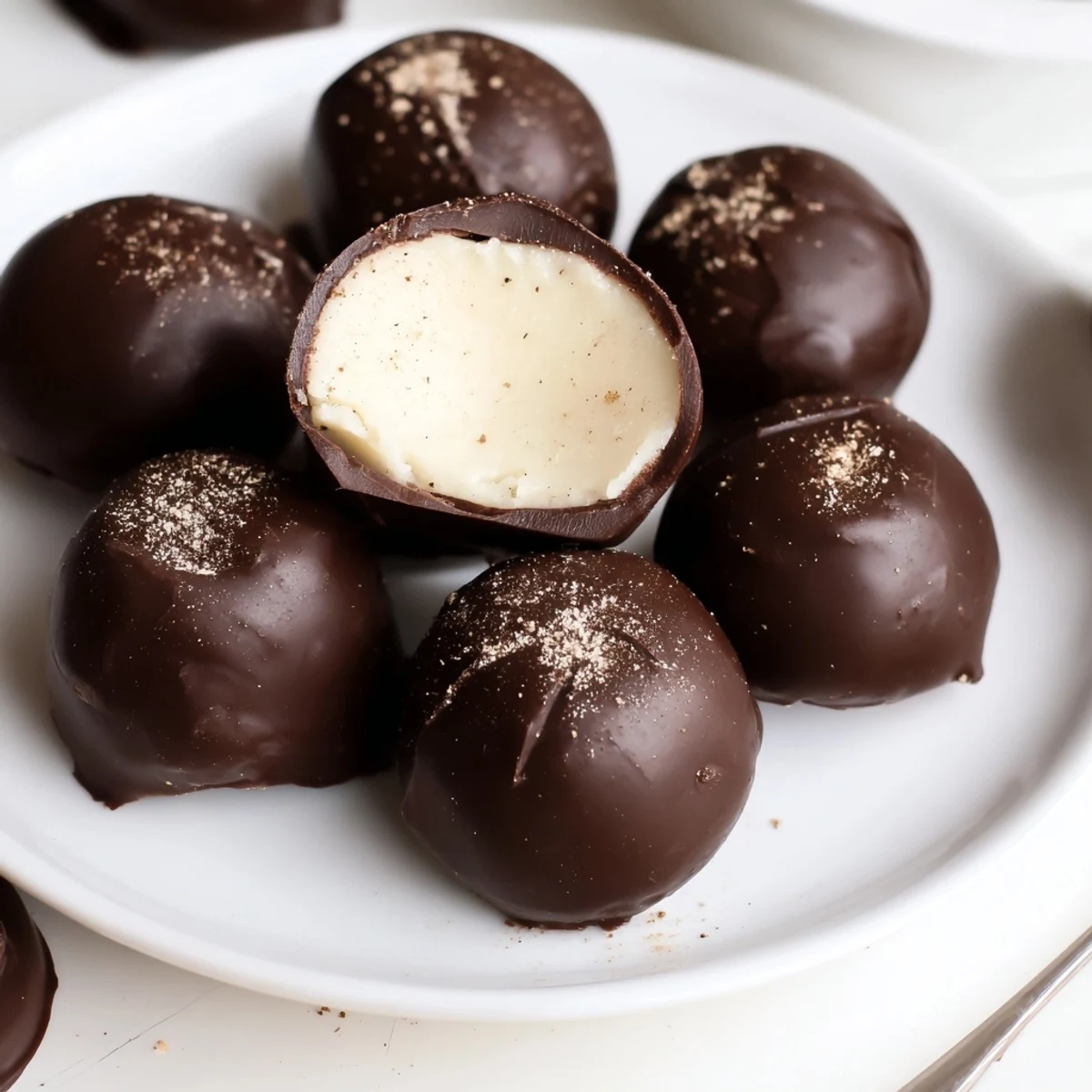 Silky Dark Chocolate Eggnog Truffles with spiced nutmeg aroma, perfect for gifting