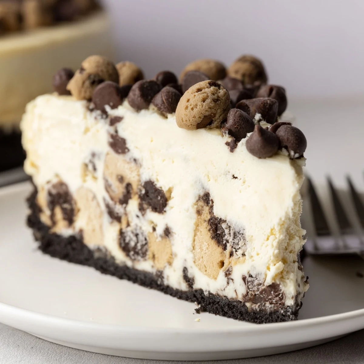 Chocolate Chip Cookie Dough Cheesecake with glossy chocolate chips, chilled slices on plate
