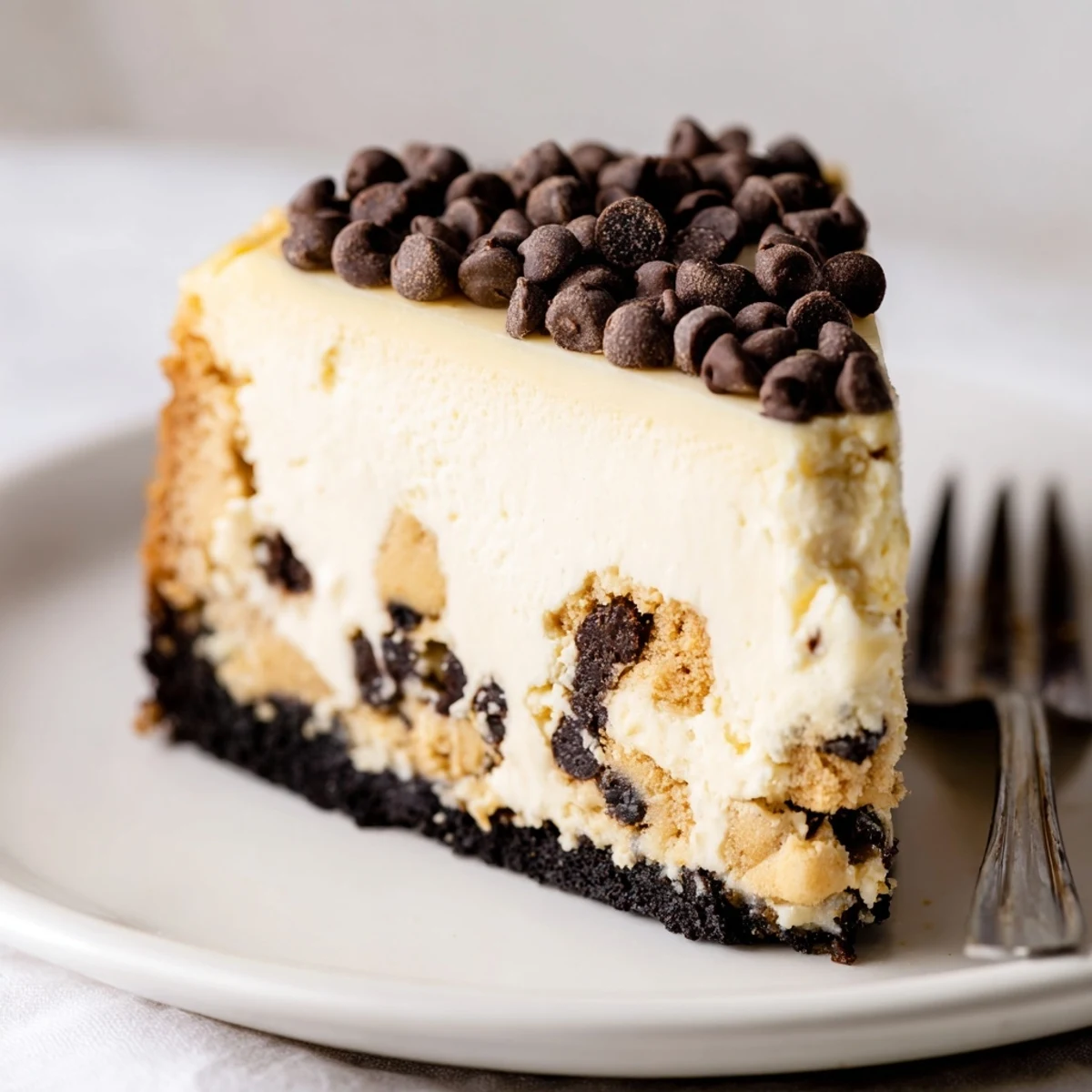 A slice of Chocolate Chip Cookie Dough Cheesecake showing creamy filling and mini chips