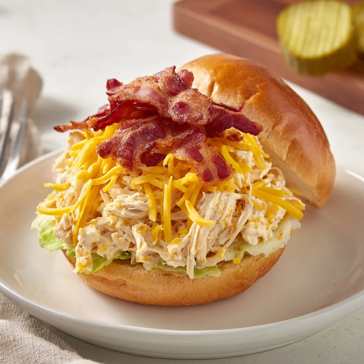 Warm Crack Chicken Sandwiches piled high, creamy cheddar oozing, crispy bacon crunch.